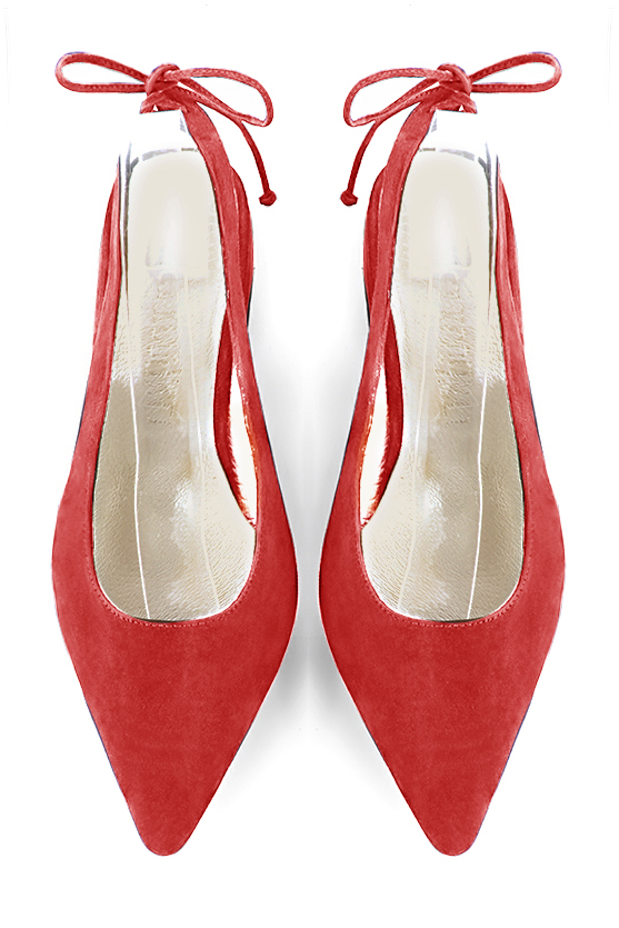 Scarlet red women's slingback shoes. Pointed toe. Flat flare heels. Top view - Florence KOOIJMAN